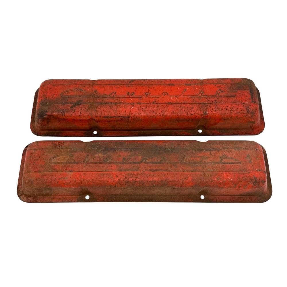 Vintage Chevrolet Script Valve Covers Red Stamped Steel Small Block Chevy Pair